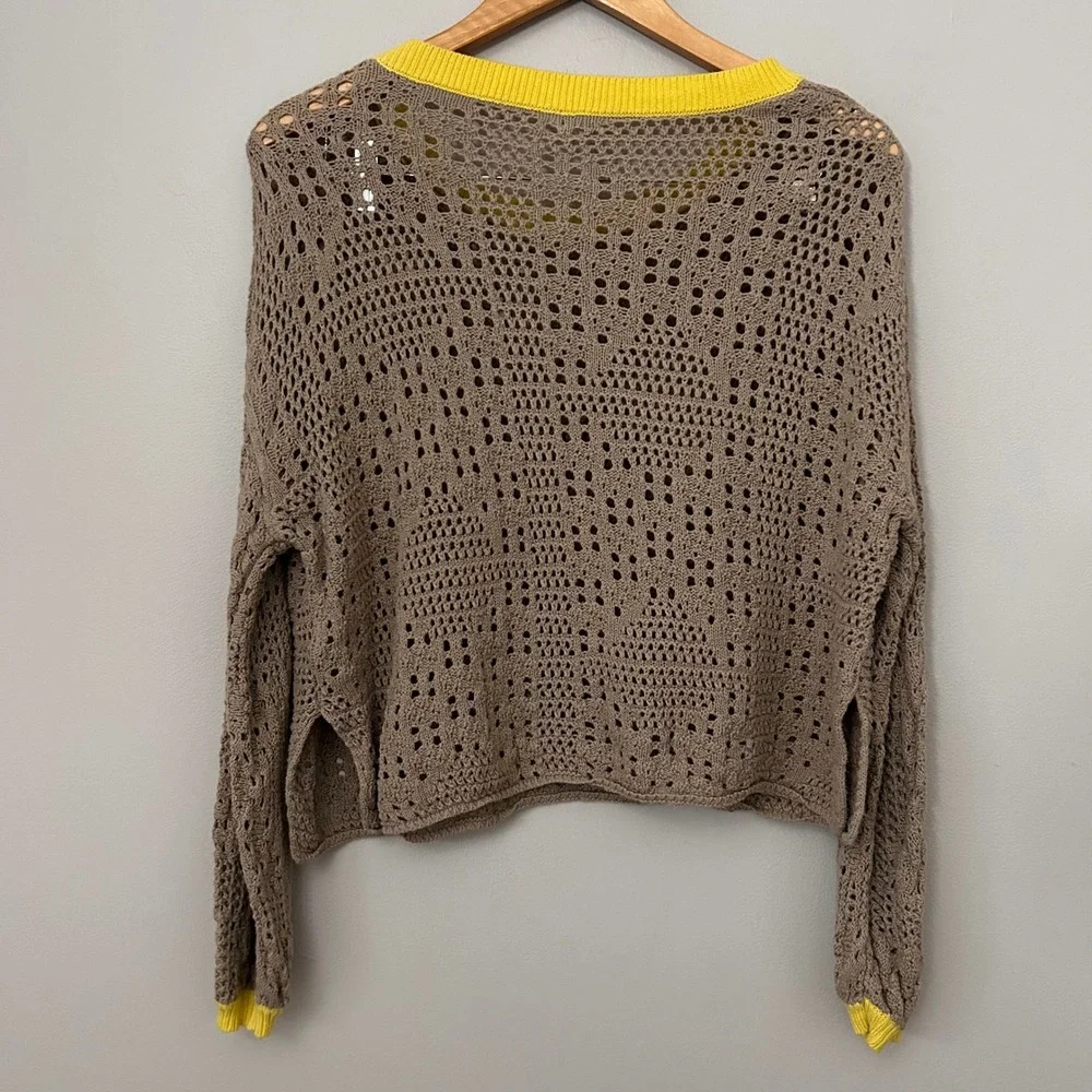 Free People Sweater Womens XS Taupe Yellow Home Run Crochet Knit Boho Open Weave
